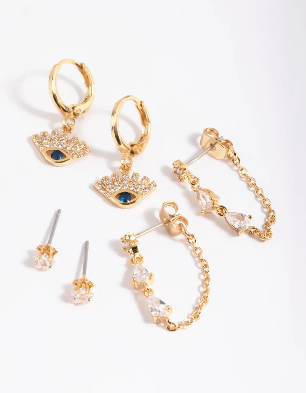 Avant-Garde Trinket Formal Decoration Gold Plated Brass Cubic Zirconia Evil Eye Earring Stack 6-Pack