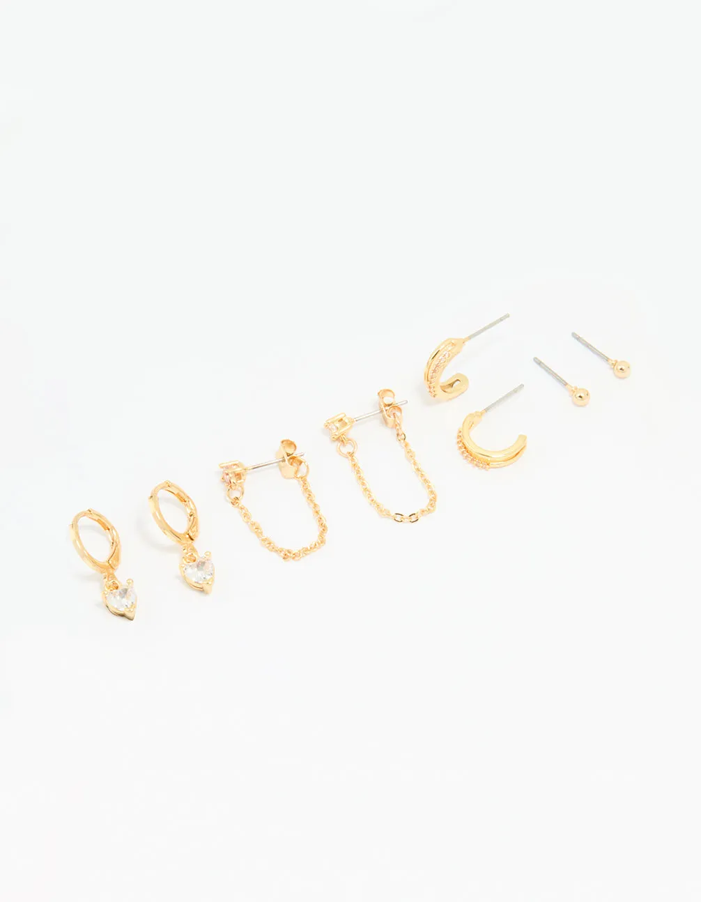 Polished Style Gold Plated Brass Cubic Zirconia Heart & Chunky Huggie Earrings 4-Pack