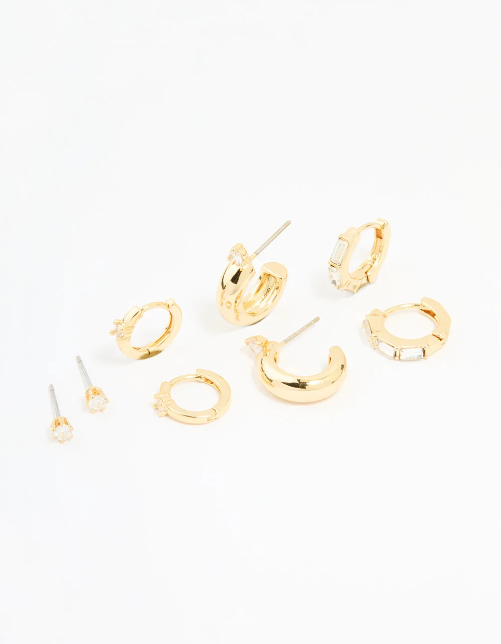 Lightweight Decor Gold Plated Brass Cubic Zirconia Huggie & Stud Earrings 4-Pack