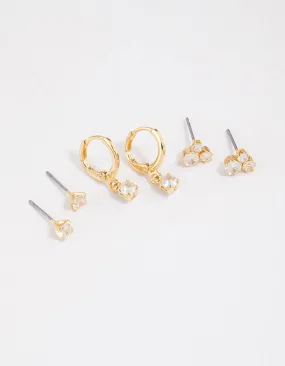 Gold Plated Brass Cubic Zirconia Trio Stud Earrings 6-Pack Handsome Piece Pearlescent Accent