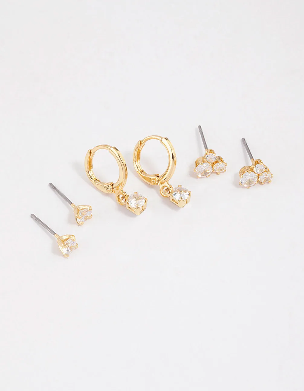 Gold Plated Brass Cubic Zirconia Trio Stud Earrings 6-Pack Handsome Piece Pearlescent Accent