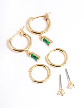 Dull Item Gold Plated Brass Emerald Huggie Earrings 6-Pack