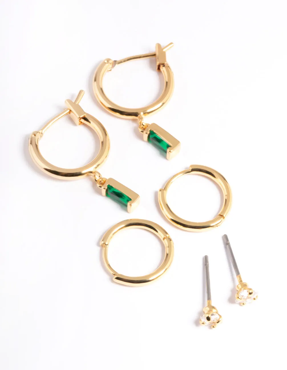 Gold Plated Brass Emerald Huggie Earrings 6-Pack Linear Jewelry Daily Embellishment