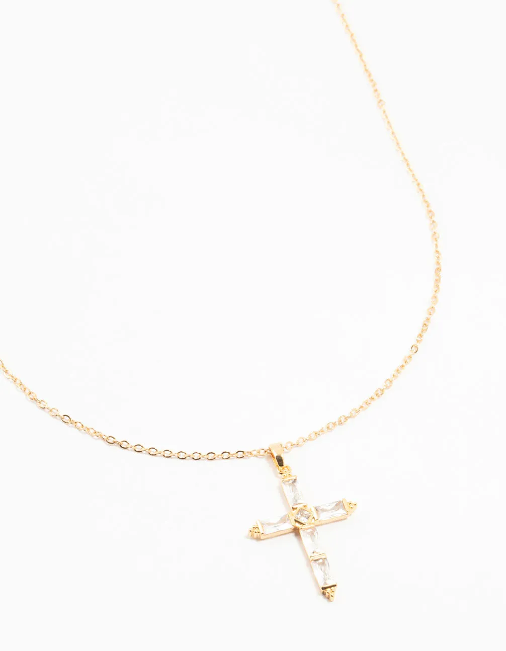 Gold Plated Brass Large Baguette Cut Cubic Zirconia Cross Necklace Fall Item