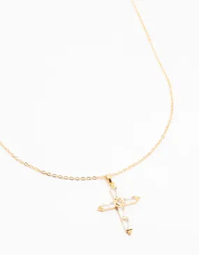 Happy Day Sweet Touch Gold Plated Brass Large Baguette Cut Cubic Zirconia Cross Necklace