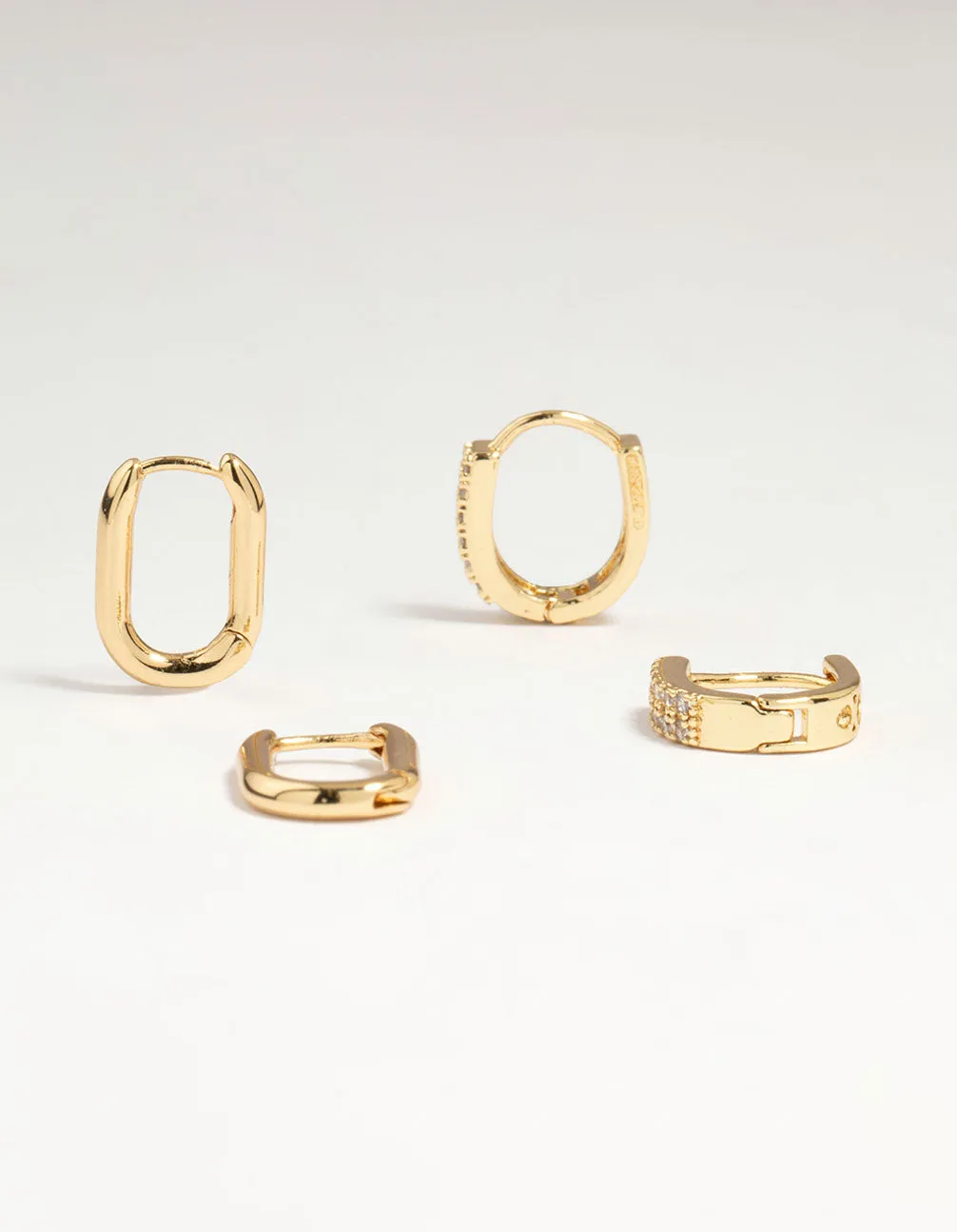 Gold Plated Brass Oval Plain & Cubic Zirconia Huggie Earrings 2-Pack Everyday Accessory Pretty Accessory