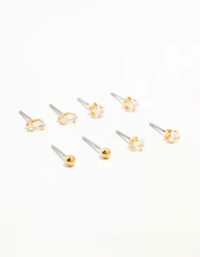Attractive Aesthetic Gold Plated Brass Star & Marquise Cubic Zirconia Earrings 4-Pack