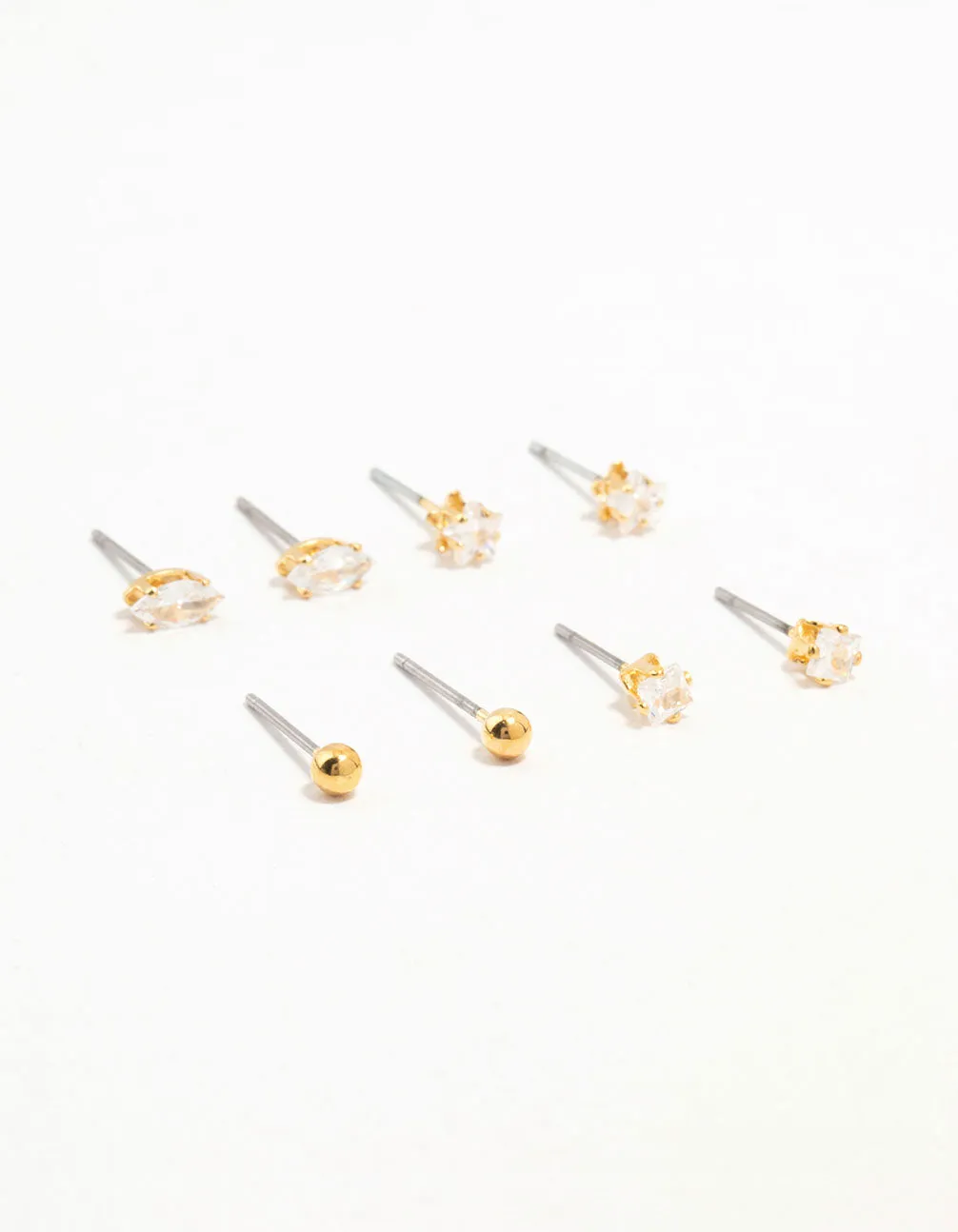 Safe Look Daily Ornament Gold Plated Brass Star & Marquise Cubic Zirconia Earrings 4-Pack