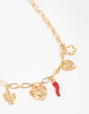 High-End Item Vibrant Accent Gold Plated Chilli & Cactus Charm Pendant Necklace