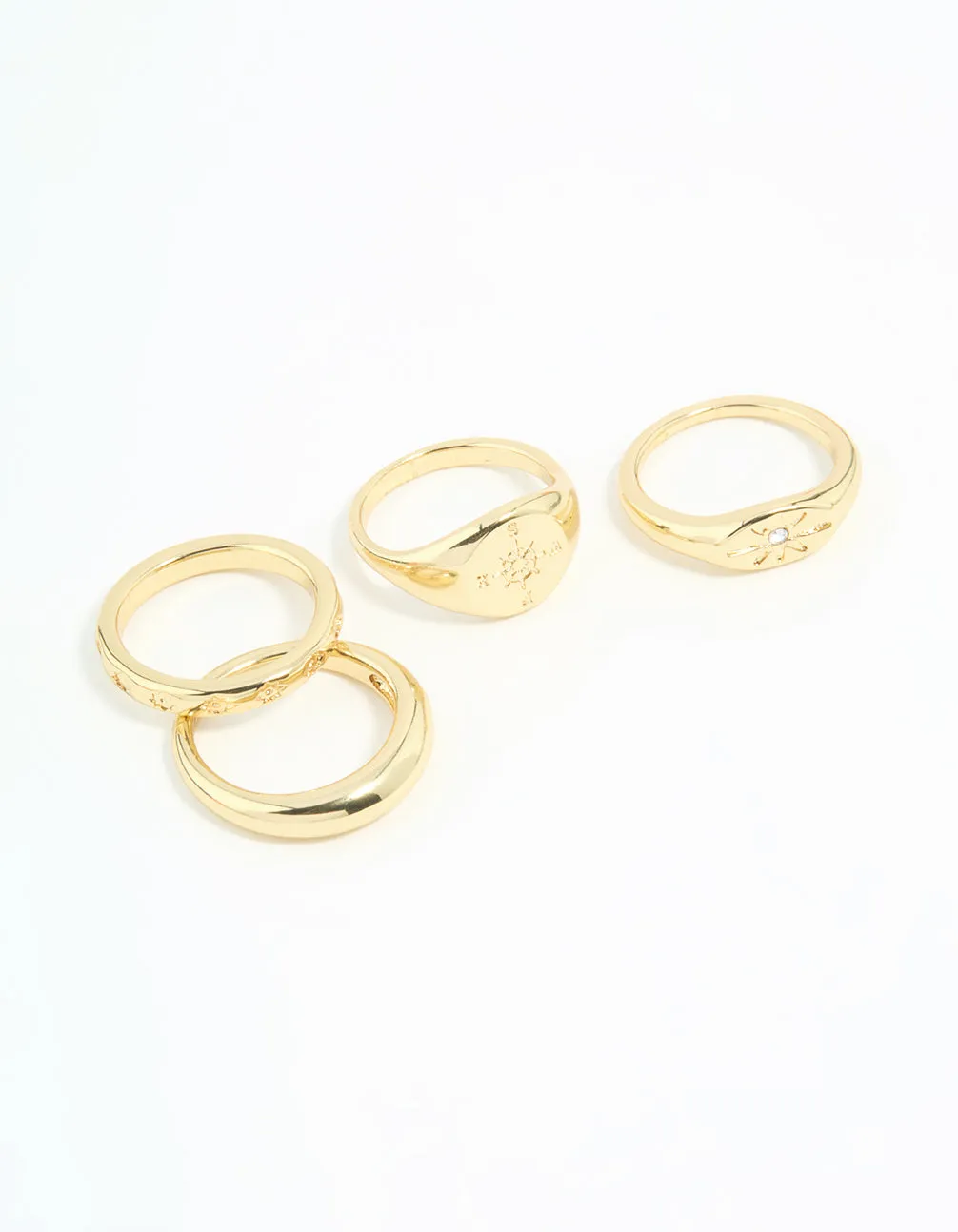 Graceful Accent Gold Plated Compass & Star Stacking Rings 4-Pack
