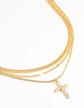 Polished Finish Gold Plated Cross & Chain Layered Necklace