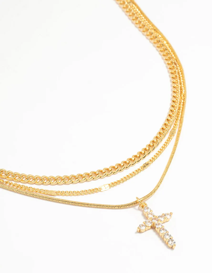 Polished Finish Gold Plated Cross & Chain Layered Necklace
