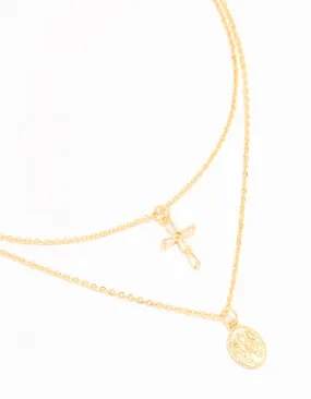 Gold Plated Cross & Mary Layered Necklace Delicate Present