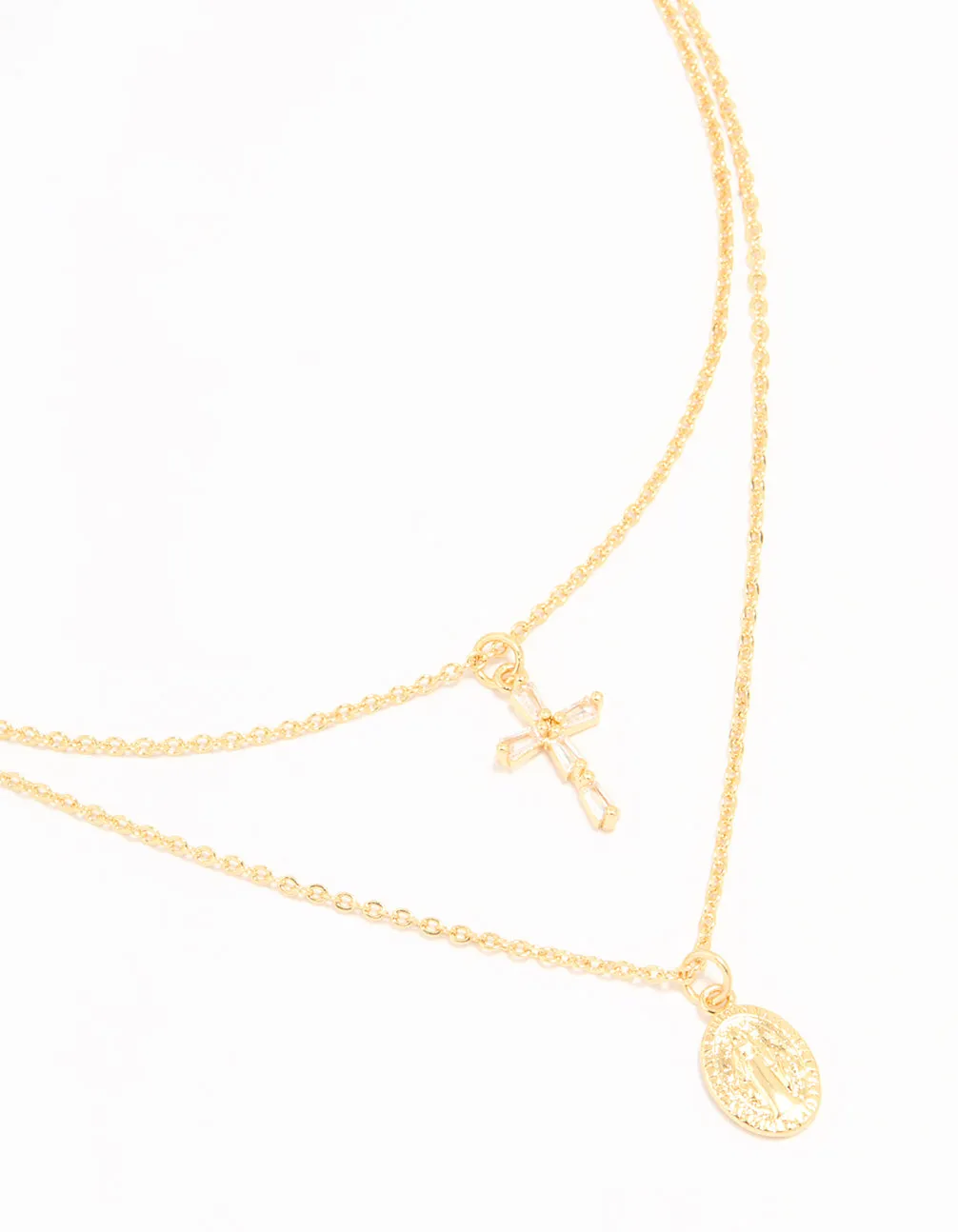 Gold Plated Cross & Mary Layered Necklace Delicate Present