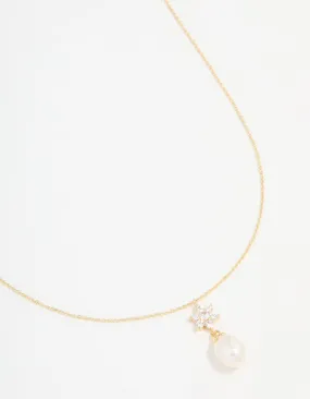 Gold Plated Cubic Zirconia & Pearl Flower Necklace Trend Style