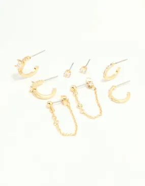 Beautiful Trinket Lightweight Vibe Gold Plated Cubic Zirconia Baguette Hoop & Chain Earrings 4-Pack