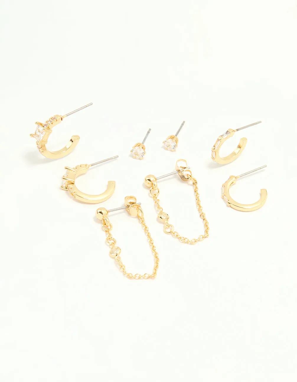 Gold Plated Cubic Zirconia Baguette Hoop & Chain Earrings 4-Pack Comfortable item