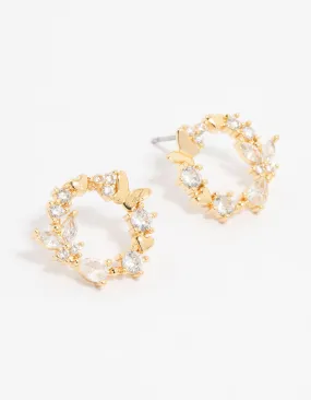 Industrial Piece Gold Plated Cubic Zirconia Butterfly Wreath Stud Earrings