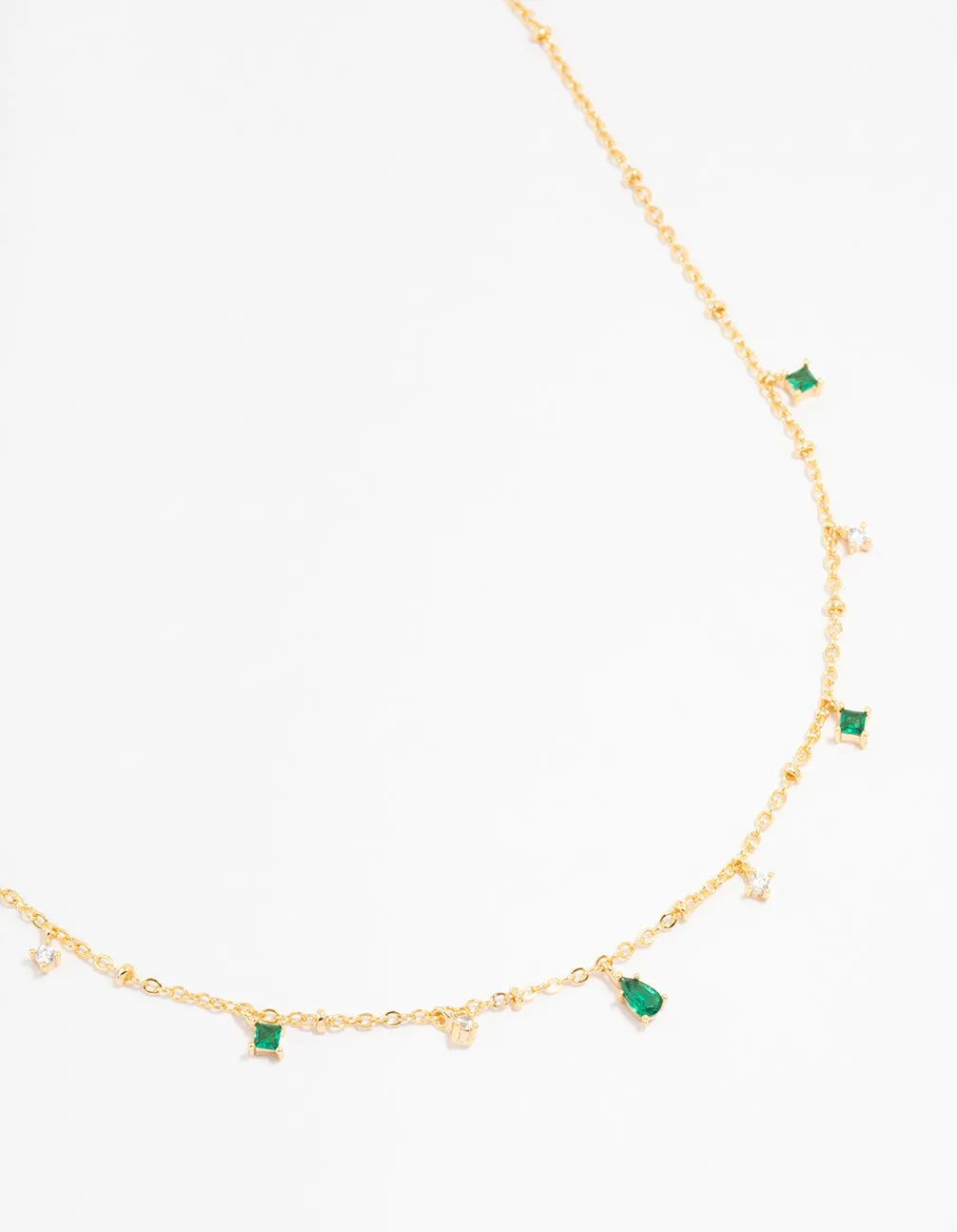 Gold Plated Cubic Zirconia Emerald Pear Dainty Station Necklace Artisan Craft