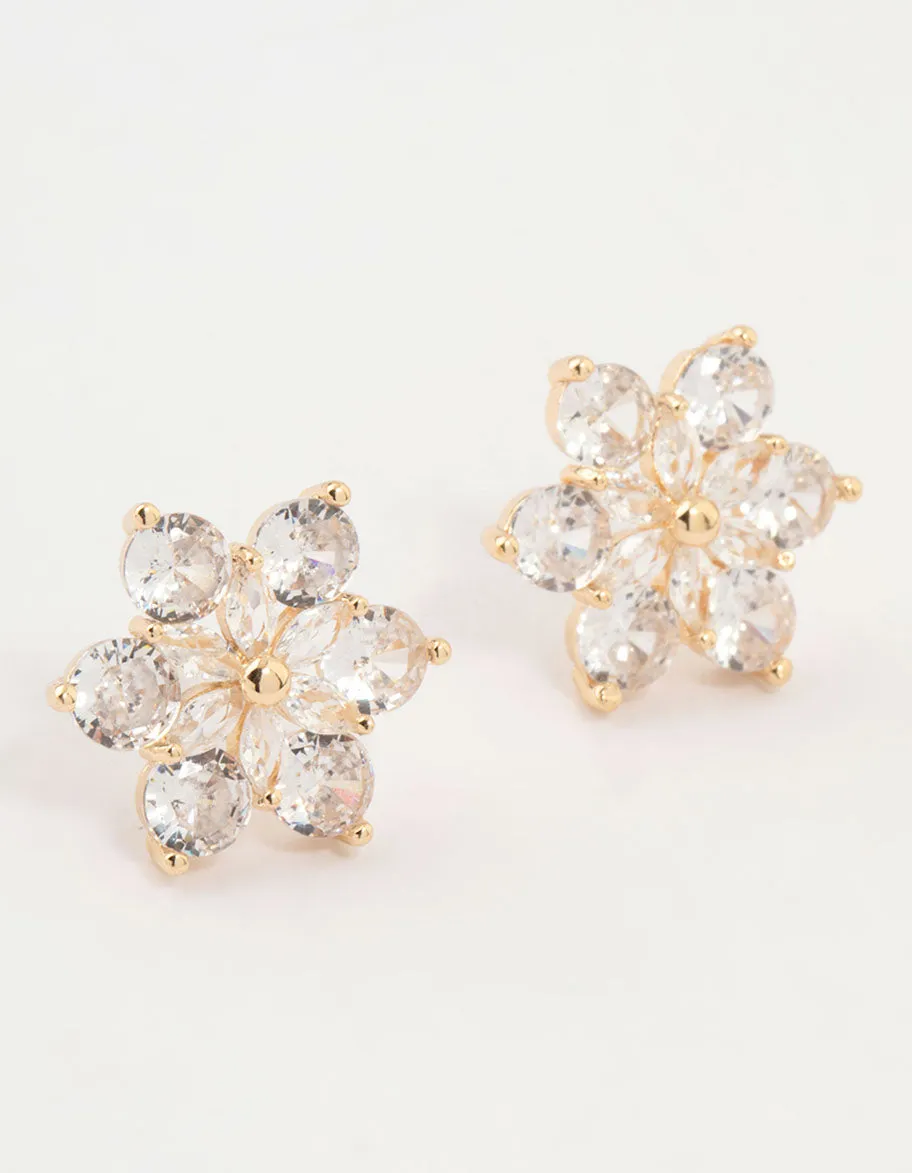 Bohemian Embellishment Gold Plated Cubic Zirconia Flower Stud Earrings