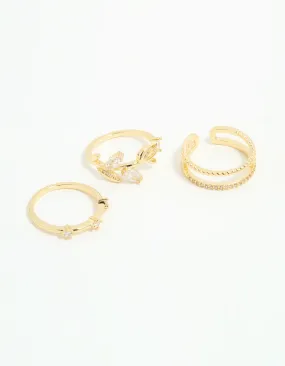 Gold Plated Cubic Zirconia Leafy Station Rings 3-Pack Sturdy Piece