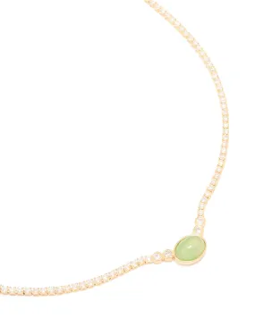 Gold Plated Cubic Zirconia Oval Green Semi Precious Stone Cup Chain Necklace Cool Look Simple Piece