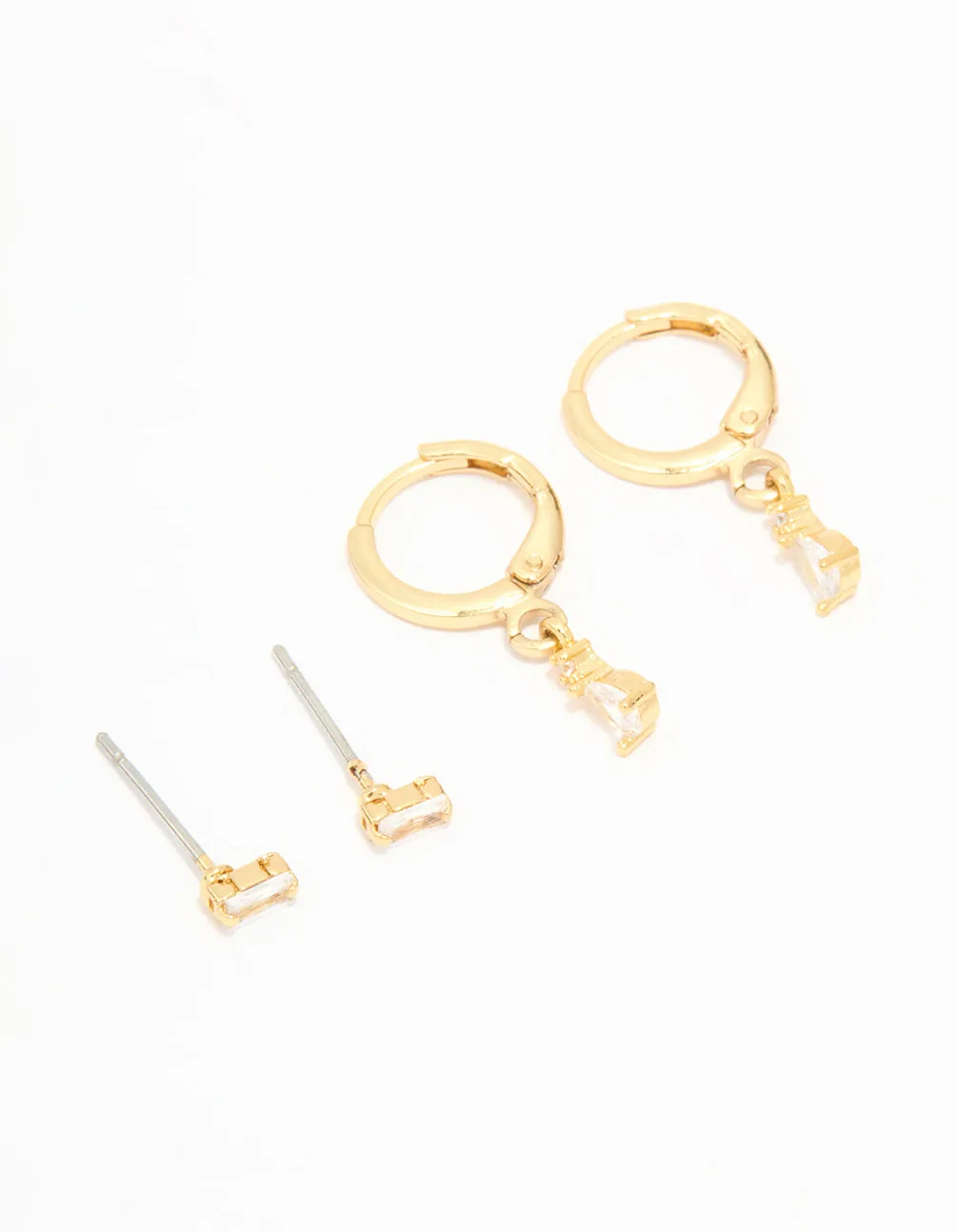 Shiny Adornment Pearlescent Item Gold Plated Cubic Zirconia Stud & Huggie Drop Earrings 2-Pack