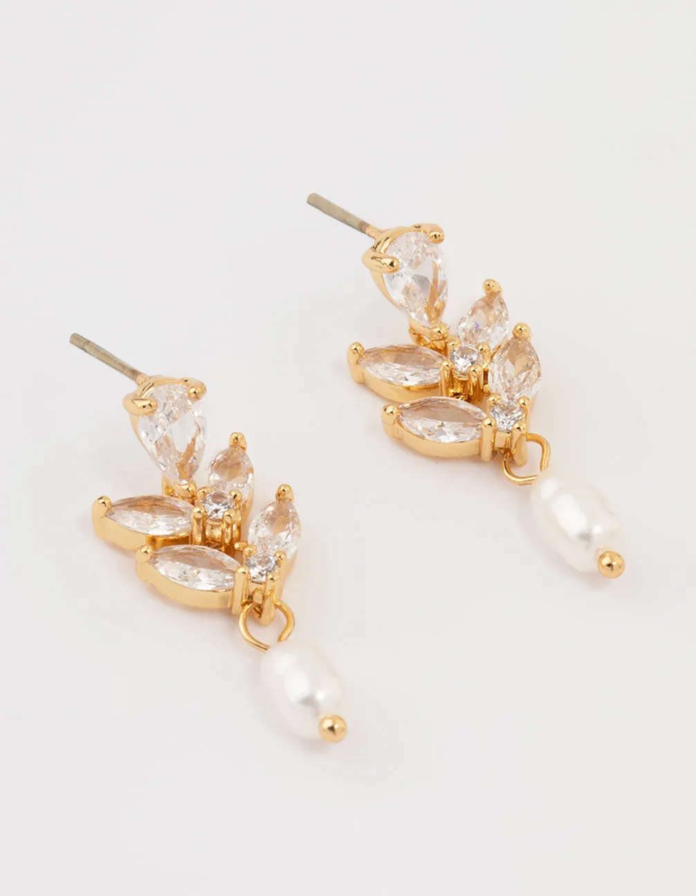 Gold Plated Cubic Zirconia Vine & Freshwater Pearl Drop Earrings Statement Accent