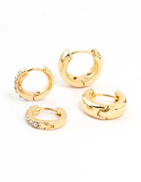 Gold Plated Diamante & Plain Huggie Earrings 2-Pack Statement Ornament