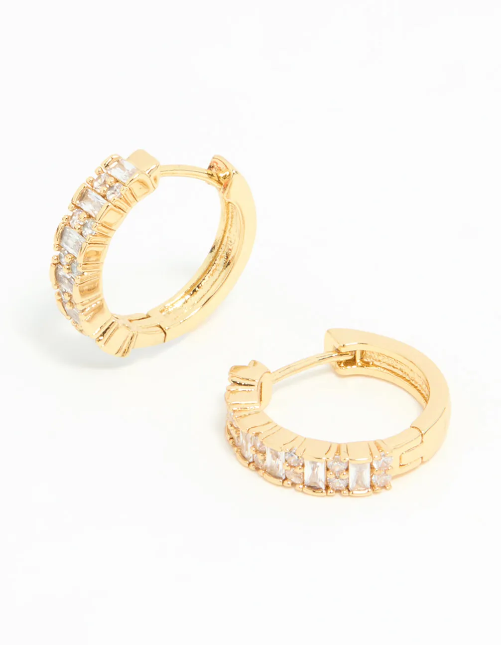 Gold Plated Diamante Baguette Pave Hoop Earrings Safe Piece Substantial Item
