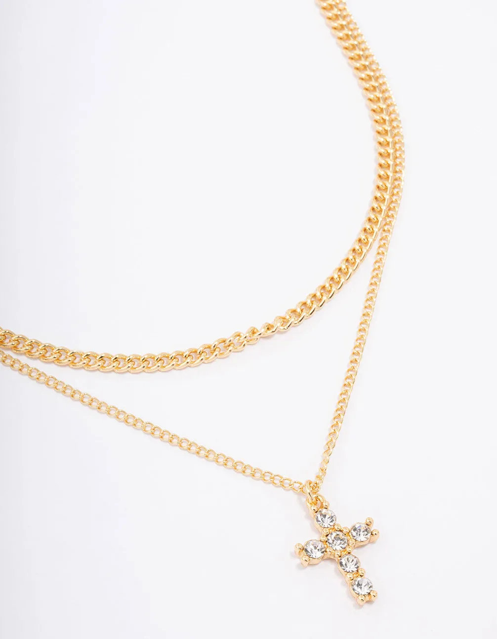 Gold Plated Diamante Cross Layered Curb Necklace Artistic Edge