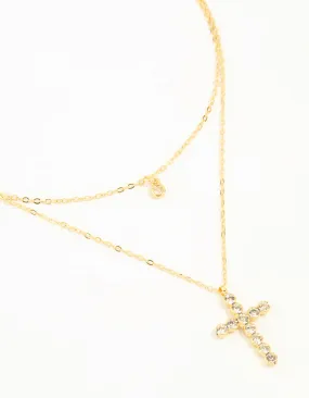 Gold Plated Diamante Cross Layered Necklace Classic Touch