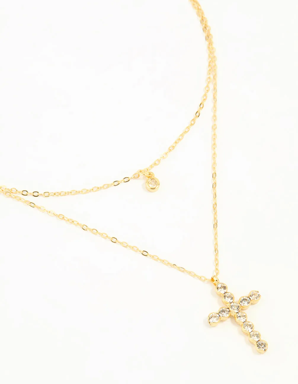Delicate Accent Contemporary Jewelry Gold Plated Diamante Cross Layered Necklace