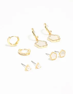 Gold Plated Flower Stud & Hoop Earrings 4-Pack Attractive Trinket
