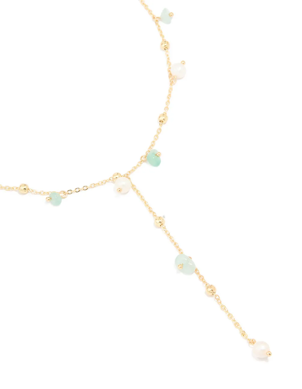 Gold Plated Freshwater Pearl & Green Semi Precious Stone Chip Y-Necklace for work night look