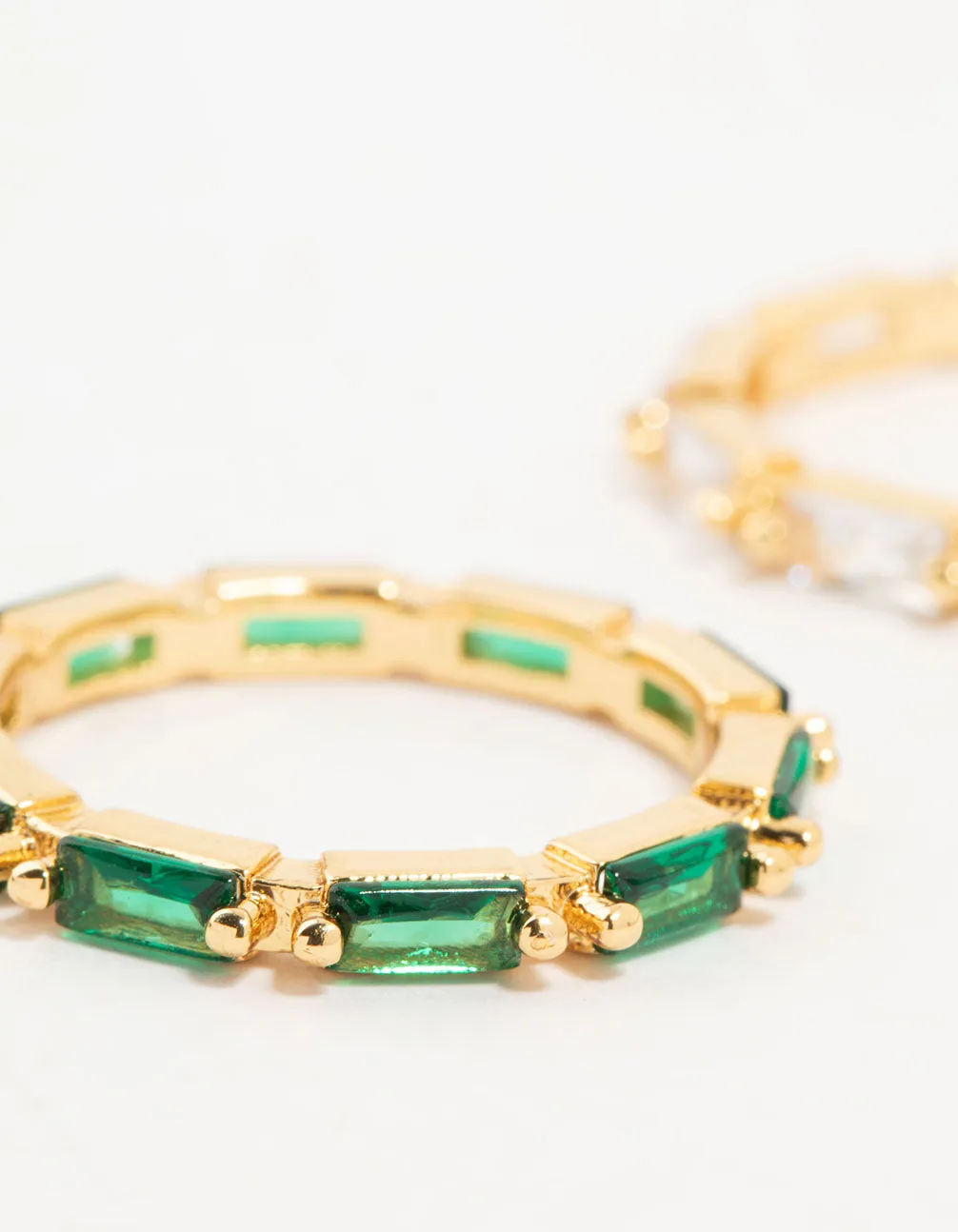 Gold Plated Green & Silver Baguette Stacking Rings 2-Pack Everyday Fashion