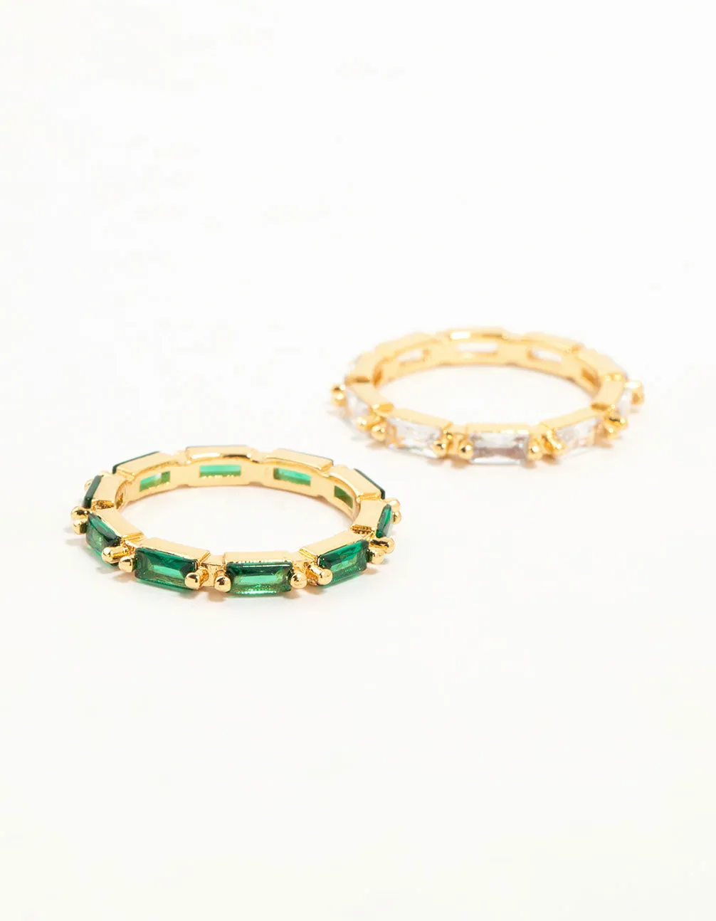 Gold Plated Green & Silver Baguette Stacking Rings 2-Pack Beautiful Adornment Factory Finished