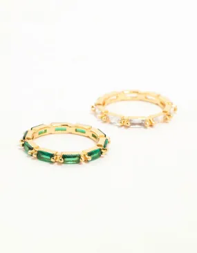 Gold Plated Green & Silver Baguette Stacking Rings 2-Pack Stylish Present