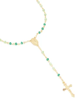 For Her Gold Plated Green Beaded Lariat Cross Necklace