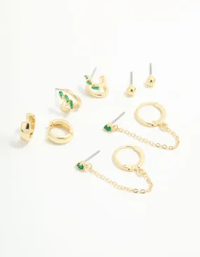 Comfortable Piece Sturdy Decor Gold Plated Green Cubic Zirconia Stacker Earrings 5-Pack
