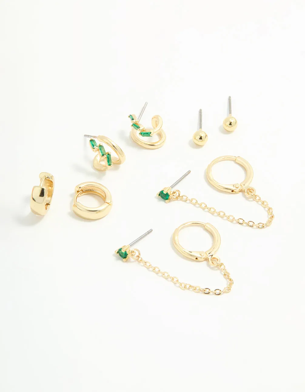 Star-Shaped Item Gold Plated Green Cubic Zirconia Stacker Earrings 5-Pack