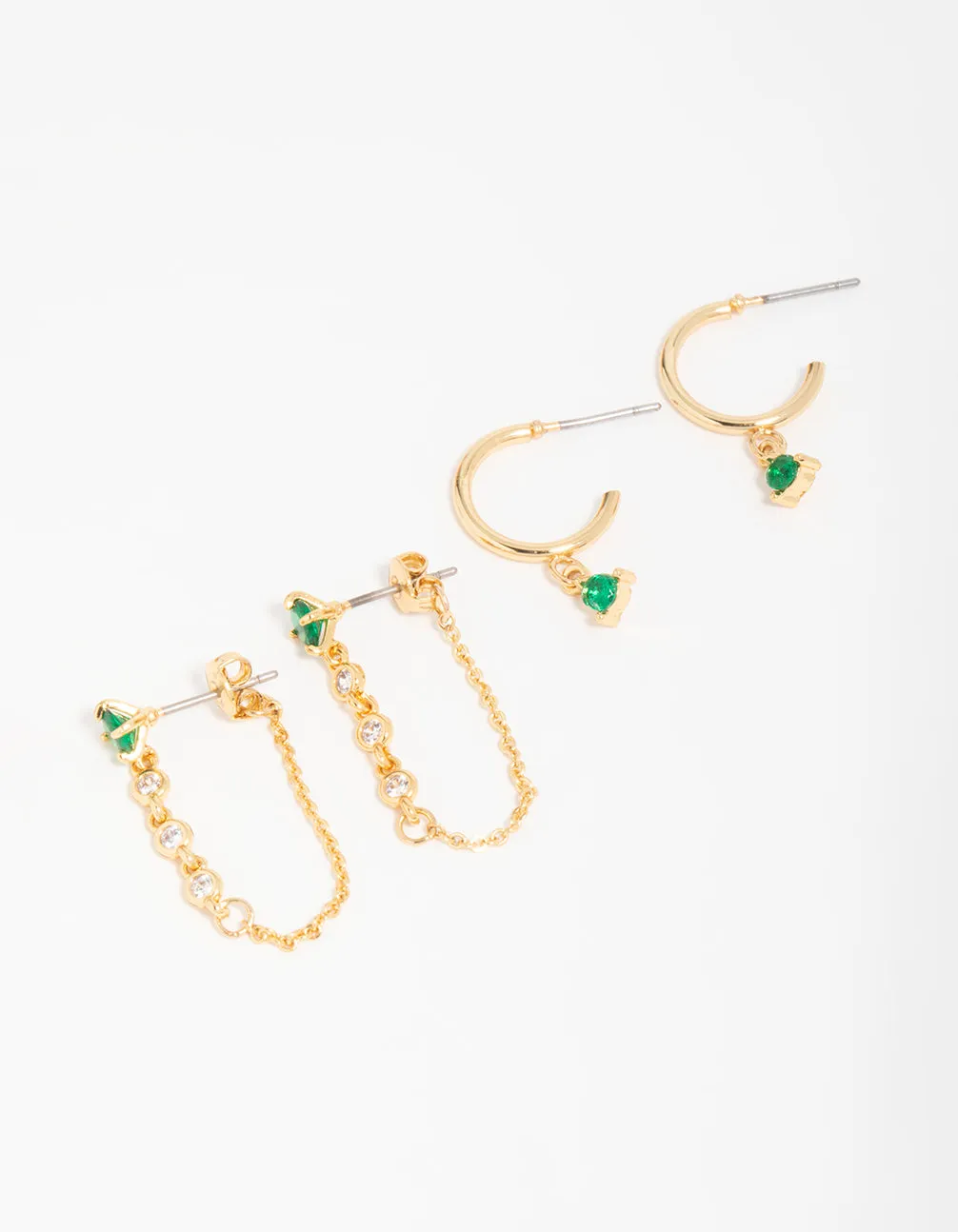 Gold Plated Green Cubic Zirconia Stud & Chain Huggie Earrings 2-Pack Festive Jewelry