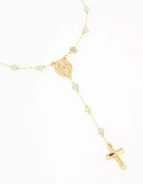 Gold Plated Green Semi Precious Cross Y-Necklace Signature Gift Wonderful Ornament
