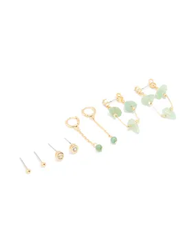 Pretty Selection Gold Plated Green Semi Precious Stone Chain Drop & Stud Earrings 4-Pack