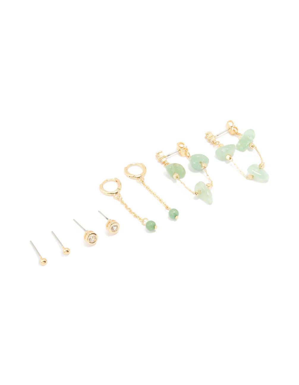 Gold Plated Green Semi Precious Stone Chain Drop & Stud Earrings 4-Pack Vibrant Accent