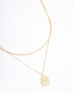 Gold Plated Hammered Rectangular Layered Necklace Durable Ornament Daytime Look