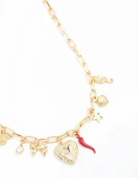 Gold Plated Heart Locket & Seahorse Charm Necklace For Individuals Universal Accessory