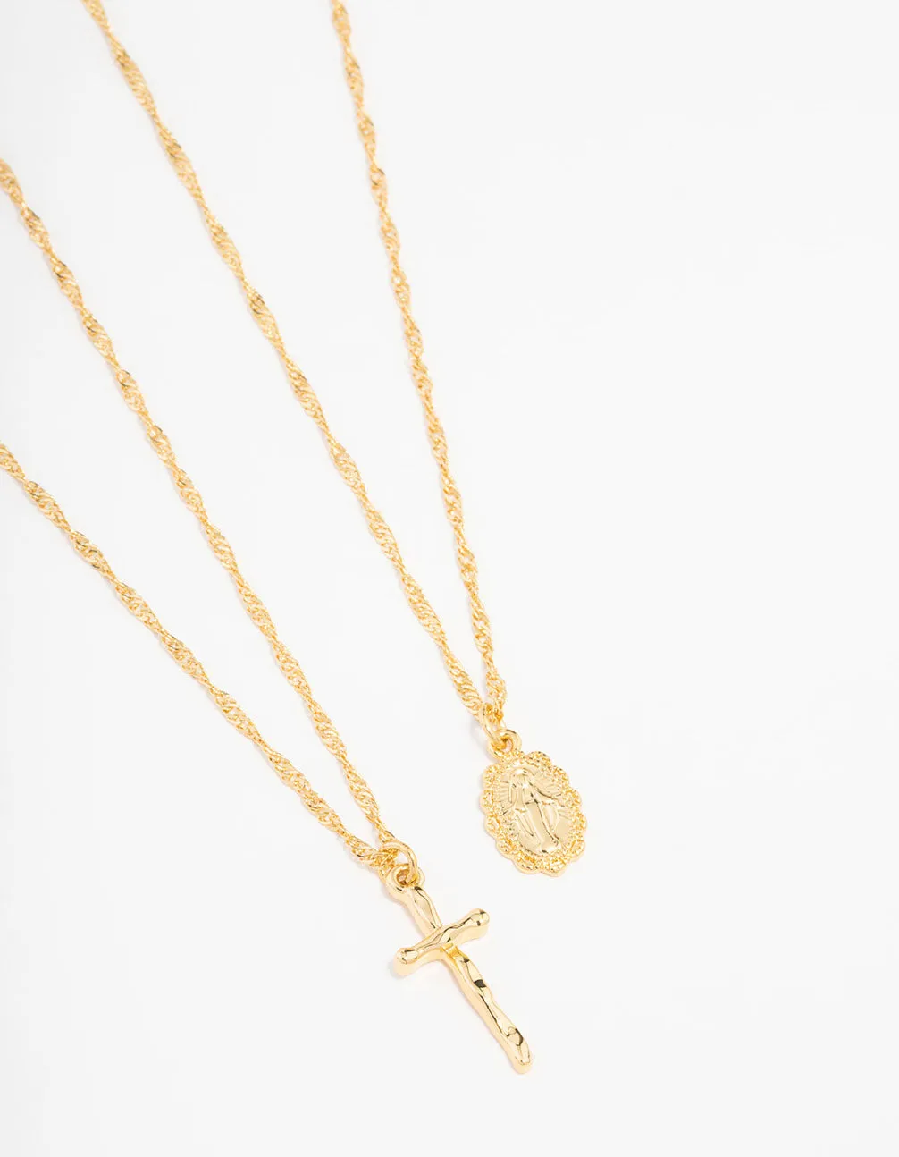 Gold Plated Mary Hammered Cross Necklace 2-Pack Equipping Adornment Minimal Look