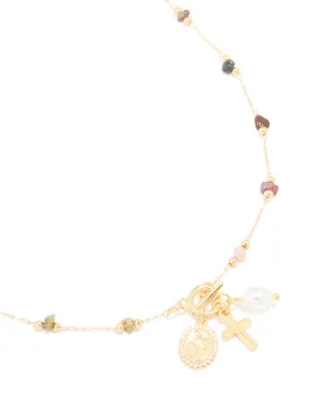 Fashionable Item Gold Plated Multicoloured Semi Precious Stone Freshwater Pearl Cross Charm Necklace