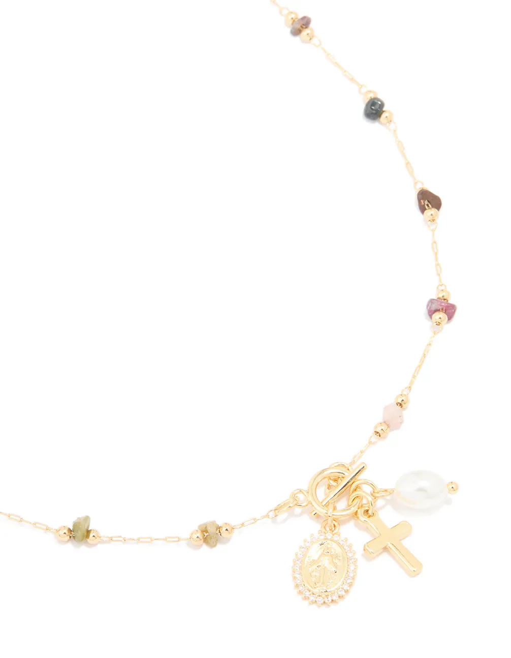 graduation party Gold Plated Multicoloured Semi Precious Stone Freshwater Pearl Cross Charm Necklace